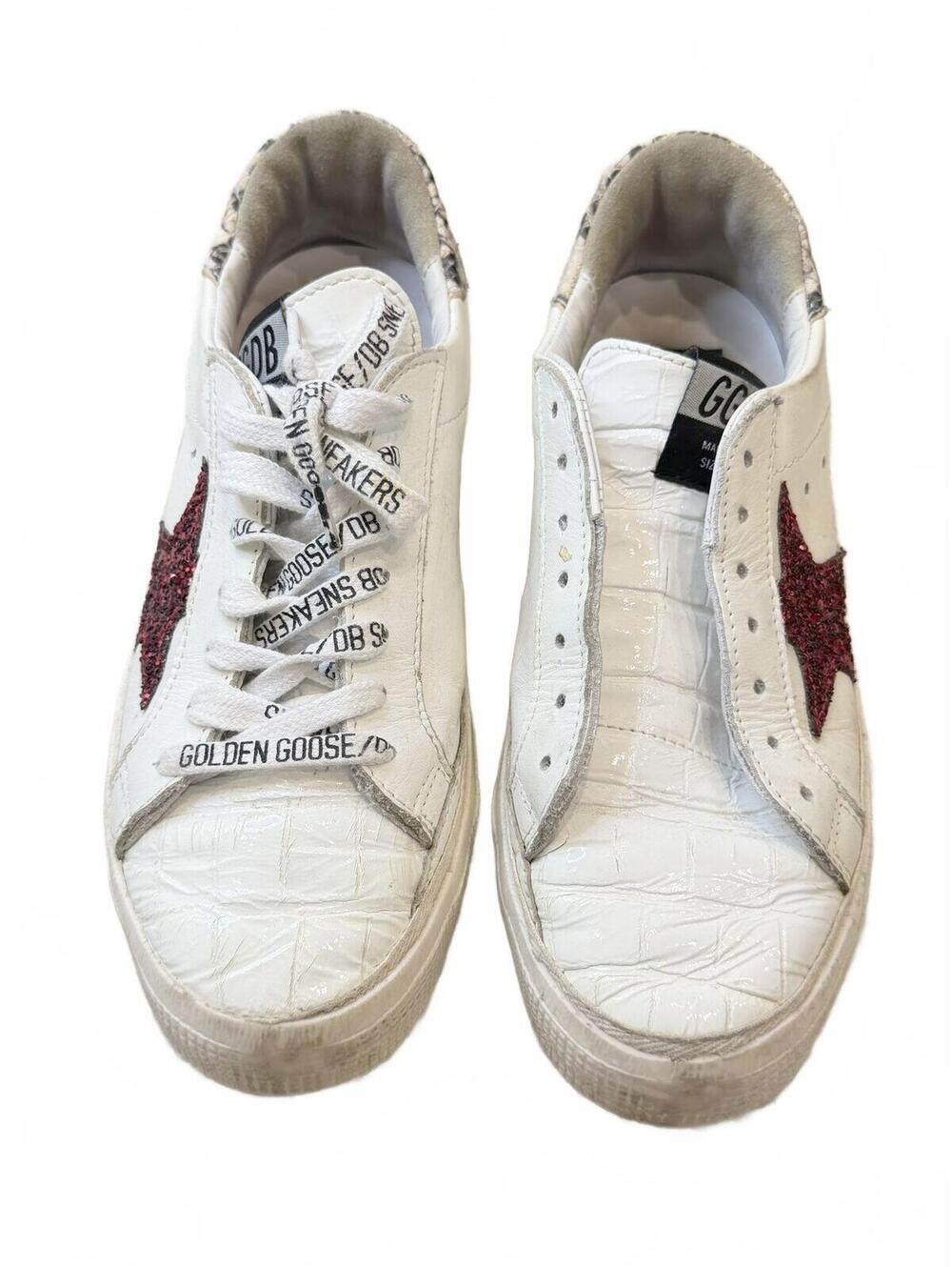 Golden Goose May White Croc-Embossed Sneakers Red Glitter Star Snake Print Sz 7 - Picture 2 of 13